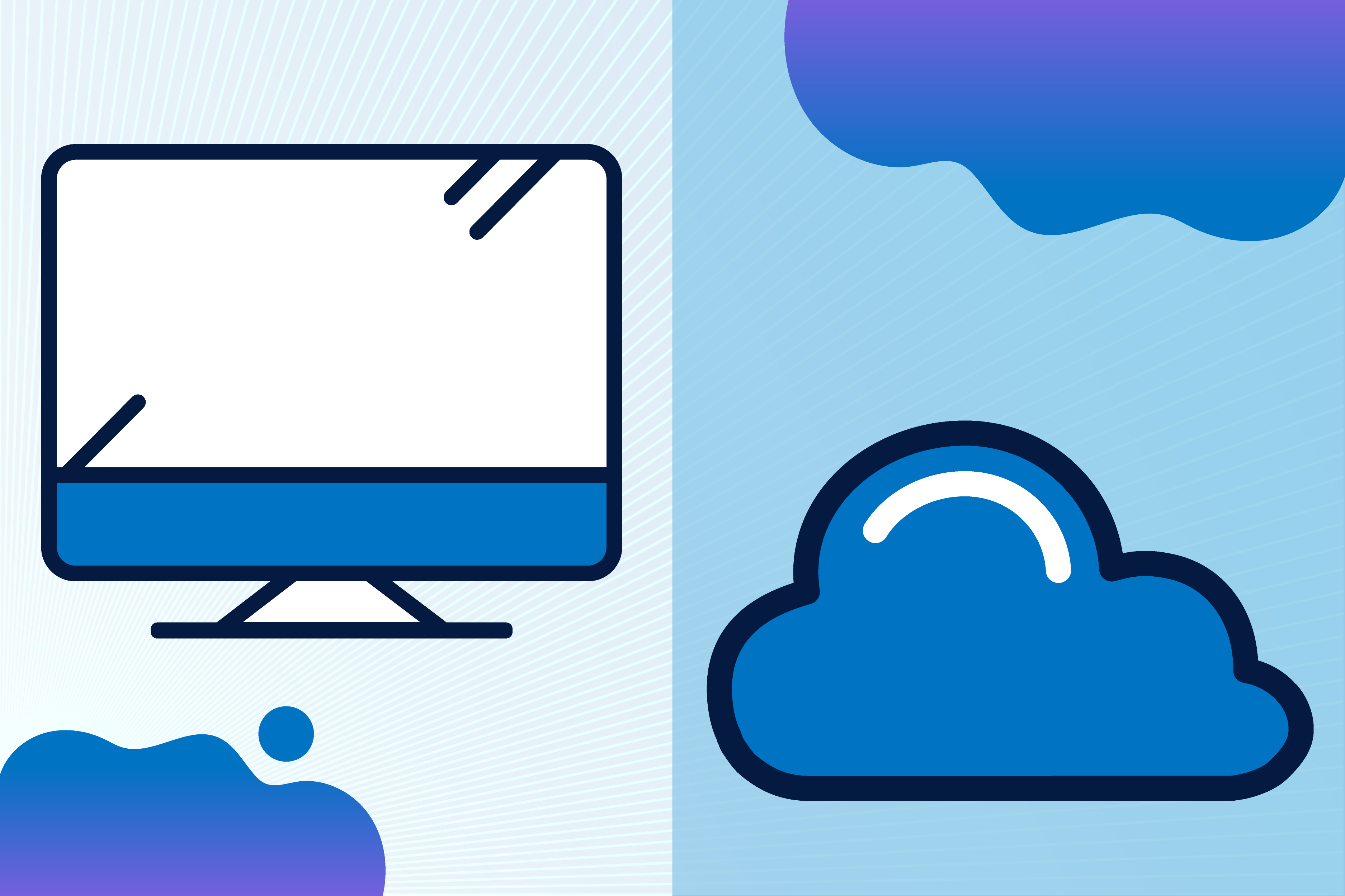 Vector illustration of a desktop computer in contrast to the cloud services